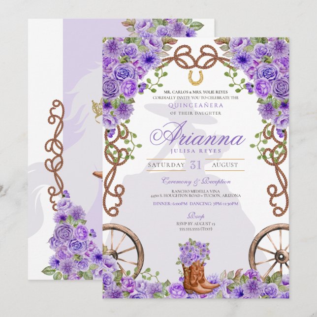 Lila floraler Western Charra Quinceñera Einladung (Vorne/Hinten)