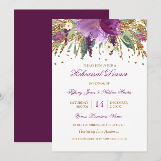 Lila florales Amethyst Hochzeit Probe Dinner Einladung (Vorne/Hinten)