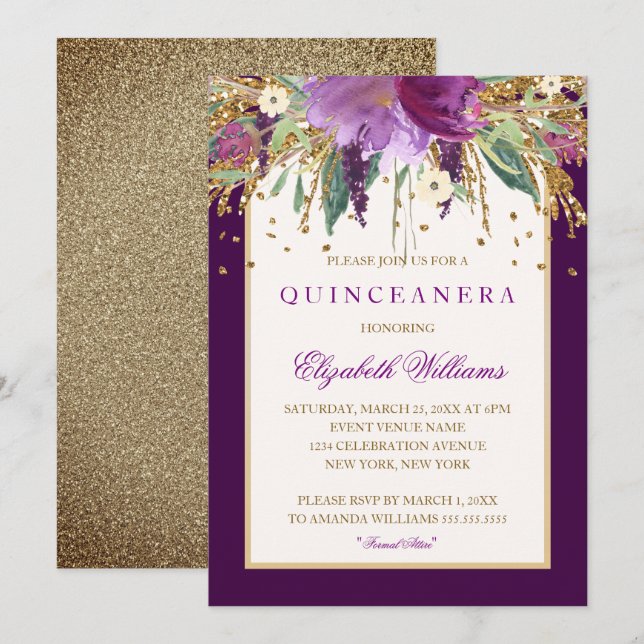 Lila florales Amethyst Quinceanera Einladung (Vorne/Hinten)