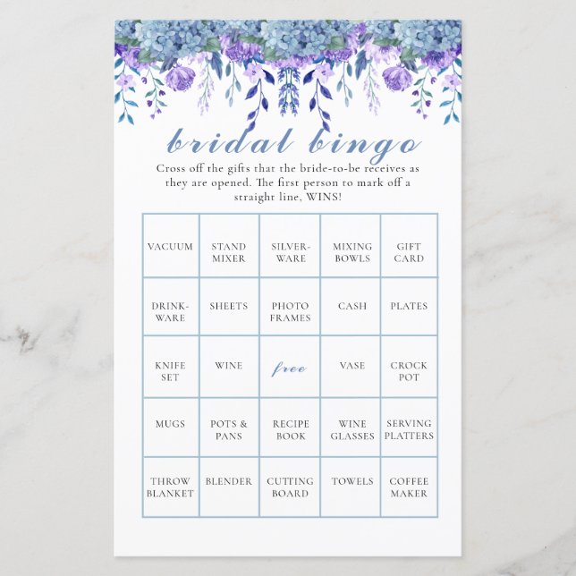 Lila florales Brautparty Bingo (Vorderseite)