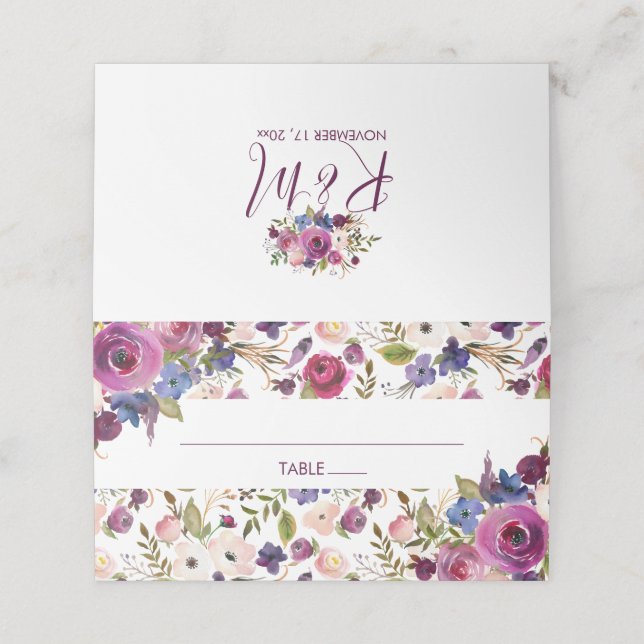 Lila florales Brautparty/Hochzeit-Platzkarte Platzkarte (Außenseite Aufgefaltet)
