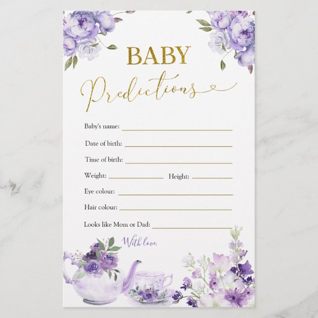 Lila florales Brautparty Tea Baby Vorhersagen (Vorderseite)