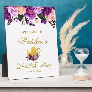 Lila florales Brautparty Tee Gold Willkommen Fotoplatte