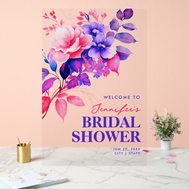 Lila florales Brautparty willkommen Acrylschild (Hochzeit)