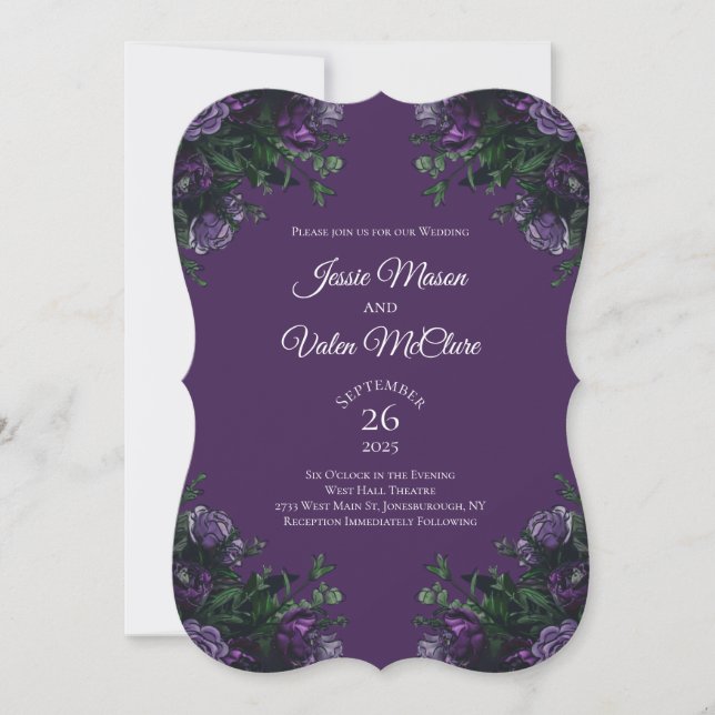 Lila florales Elegant Hochzeitgotik Einladung (Vorderseite)