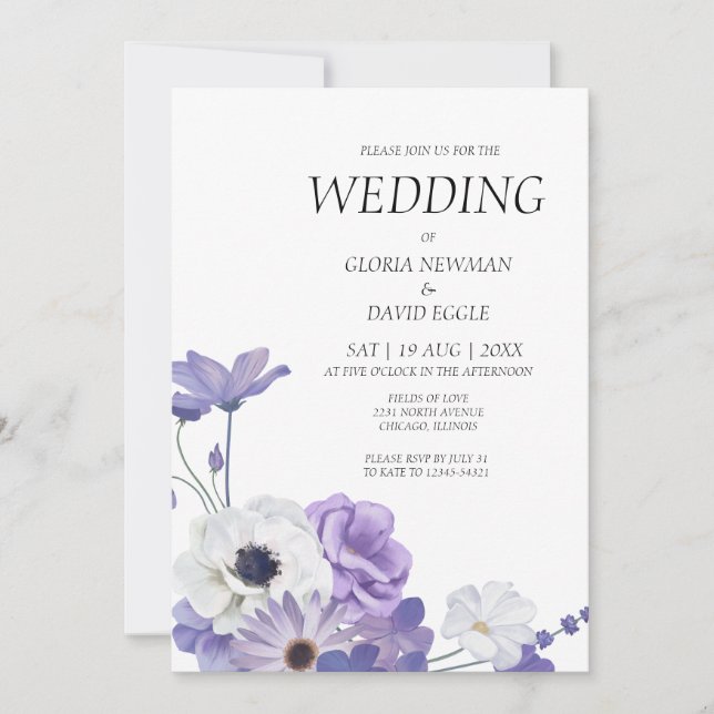 Lila florales Elegantes Hochzeitsempfang Einladung (Vorderseite)