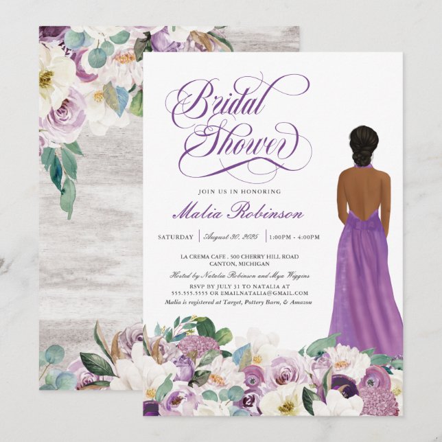  Lila florales Elegantes Hochzeitssorgen Brautpart Einladung (Vorne/Hinten)