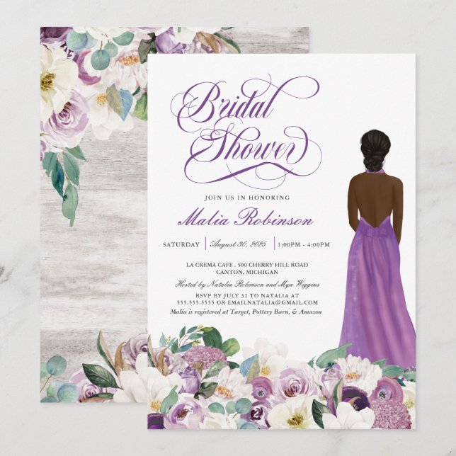Lila florales Elegantes Hochzeitssorgen Brautparty Einladung (Vorne/Hinten)