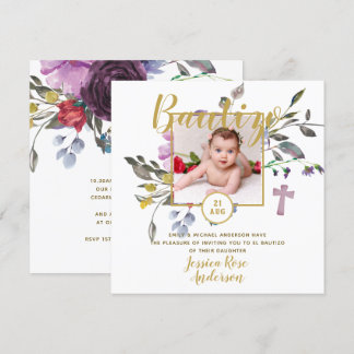 Lila florales FOTO Bautizo Einladung Spanisch