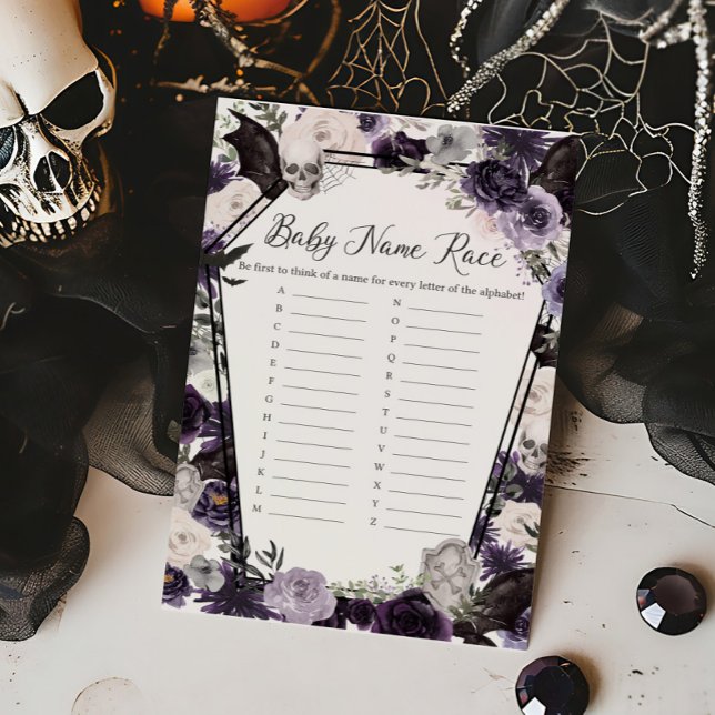 Lila florales Gothic Baby Name Race Game (Floral Gothic Coffin Baby Shower Baby Name Race Game)
