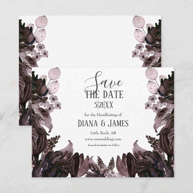 Lila florales Gothic Boho Pagan Handfasting Save The Date (Vorne/Hinten)