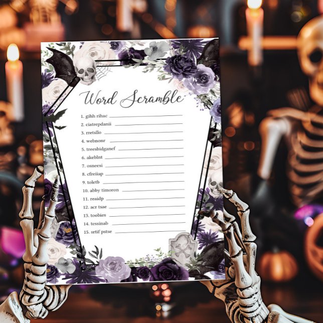 Lila florales Gotisches Word Scramble Game (Floral Gothic Coffin Baby Shower Word Scramble Game)