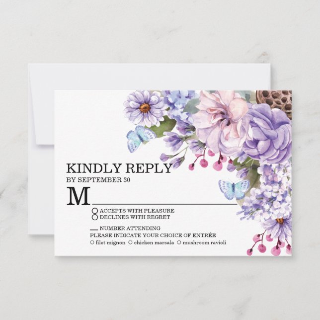Lila florales Hochzeitsessen UAWG RSVP Karte (Vorderseite)