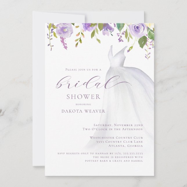 Lila florales Hochzeitskleid Brautparty Einladung (Vorderseite)