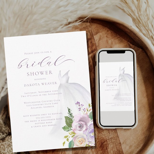 Lila florales Hochzeitskleid Brautparty Einladung (Von Creator hochgeladen)
