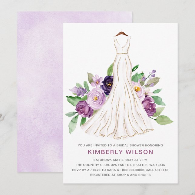 Lila florales Hochzeitskleid Brautparty Einladung (Vorne/Hinten)