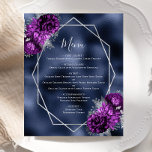 Lila florales Hochzeitsmenü für Navy Foil<br><div class="desc">Dieses elegante,  moderne Hochzeitsmenü besticht durch einen silbernen geometrischen Rahmen,  der mit lila und silberfarbenen Blumenbouquets aus Pflaume auf einem Hintergrund mit blauen Imitaten dekoriert ist. Der anpassbare Text kombiniert silbergraue,  weißliche Handschrift,  Kupferplatte und kursiven Schriftart.</div>