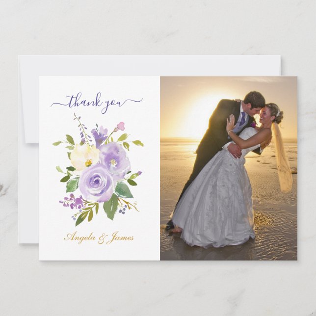 Lila florales Hochzeitsszenario mit Wasserfarbe Fo Dankeskarte (Vorderseite)