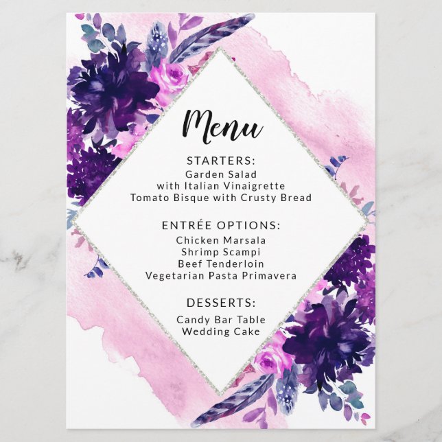 Lila florales Hochzeitstag Abendessen Menükarte (Vorderseite)