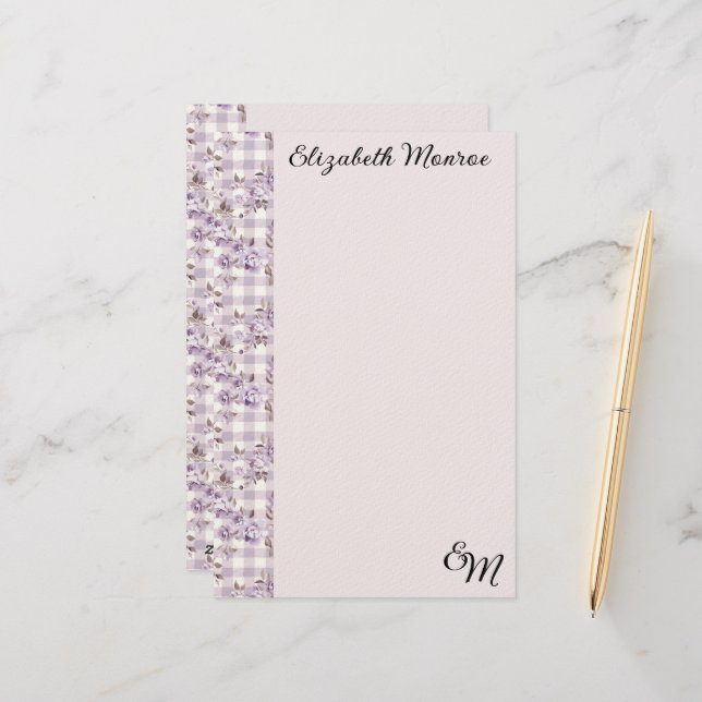 Lila Florales Karo  Briefpapier (Vorderseite/Rückseite Beispiel)