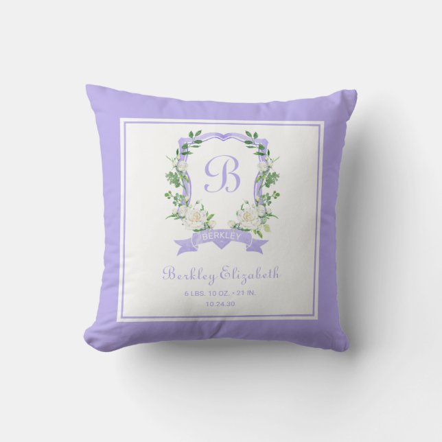Lila, florales Mit Monogramm Wappen Kissen (Vorderseite)