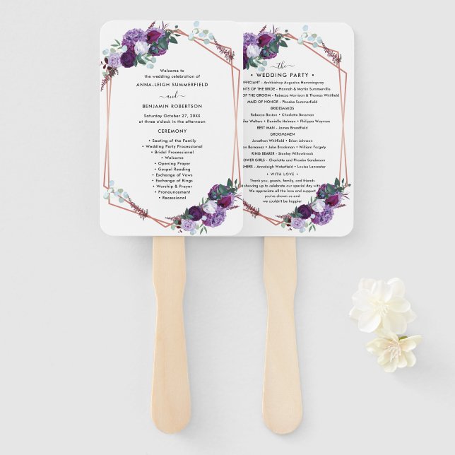 Lila florales modernes botanisches Hochzeitsprogra Fächer (Vorne und Hinten)