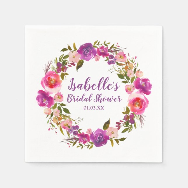 Lila, florales Personalisiertes Brautparty Serviette (Vorderseite)