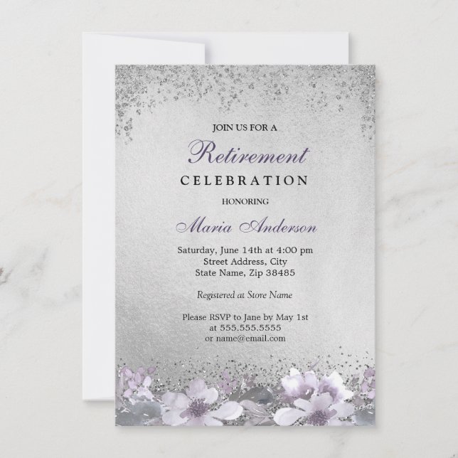 Lila florales Silber-Shimmer-Party Einladung (Vorderseite)