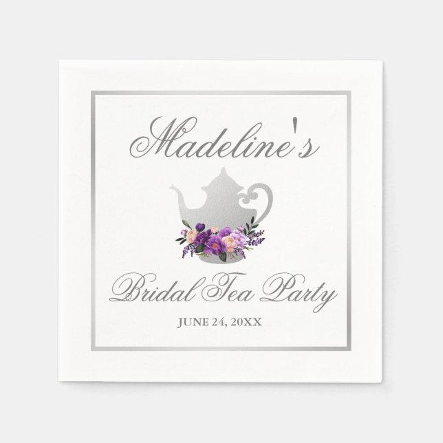 Lila florales Silver Brautparty Tee Party Serviette (Vorderseite)