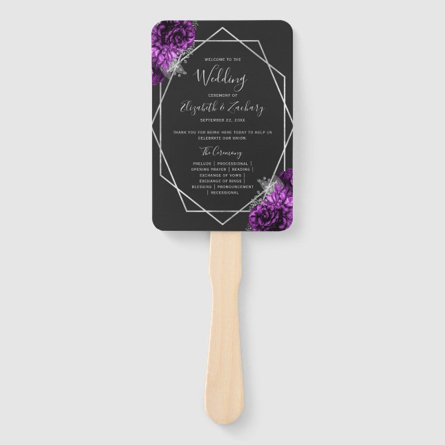 Lila florales Silver Geo Black Wedding Programm Fächer (Vorderseite)