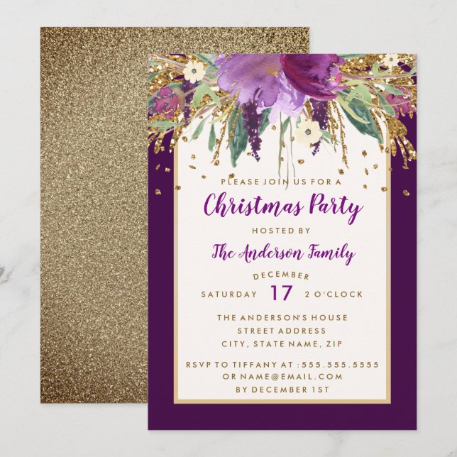 Lila florales Sparkling Amethyst Weihnachts-Party Einladung (Vorne/Hinten)