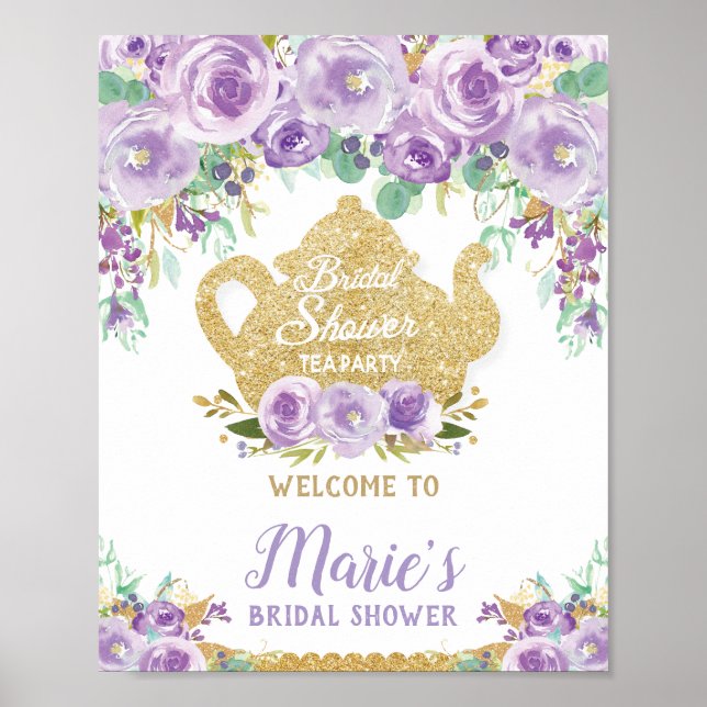 Lila florales Tee-Party Brautparty Begrüßungszeich Poster (Vorne)