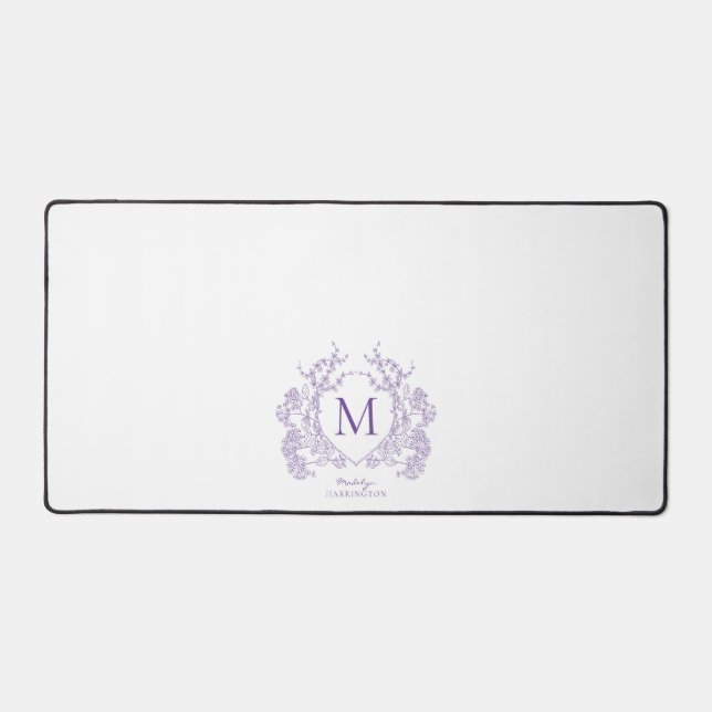 Lila florales Wappen Monogramm Schreibtischunterlage (Vorderseite)
