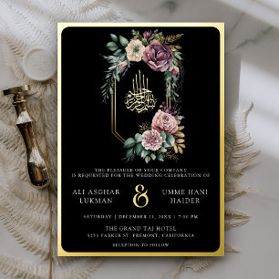 Lila florales Wappen Schwarze Muslime Hochzeit Gol Folieneinladung