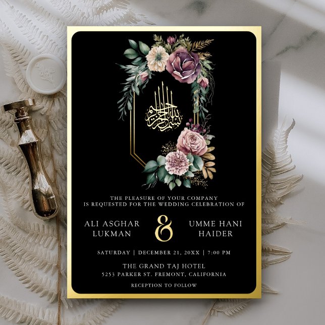 Lila florales Wappen Schwarze Muslime Hochzeit Gol Folieneinladung (Von Creator hochgeladen)