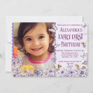 Lila Florenfee Erstes QR-Code-Foto-Geburtstag Einladung