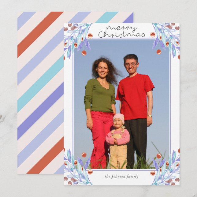 Lila Foliage Holly Berries Foto Weihnachtskarte Einladung (Vorne/Hinten)