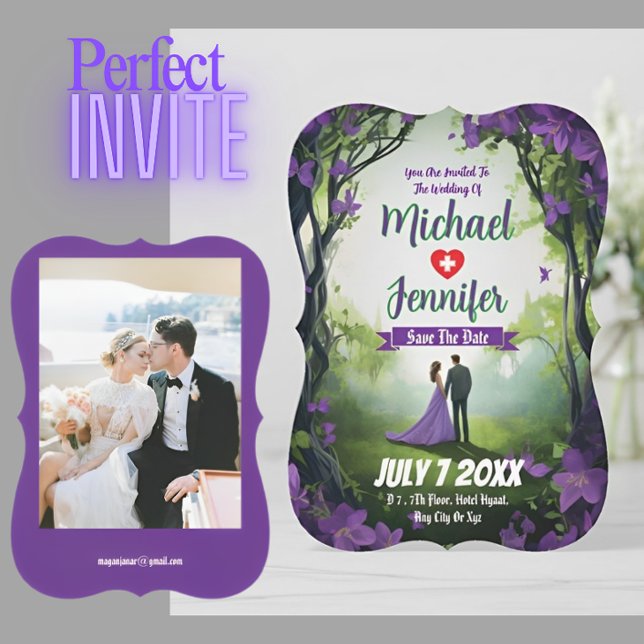 Lila Forest Wedding Custom Foto Save the Date Einladung (Von Creator hochgeladen)