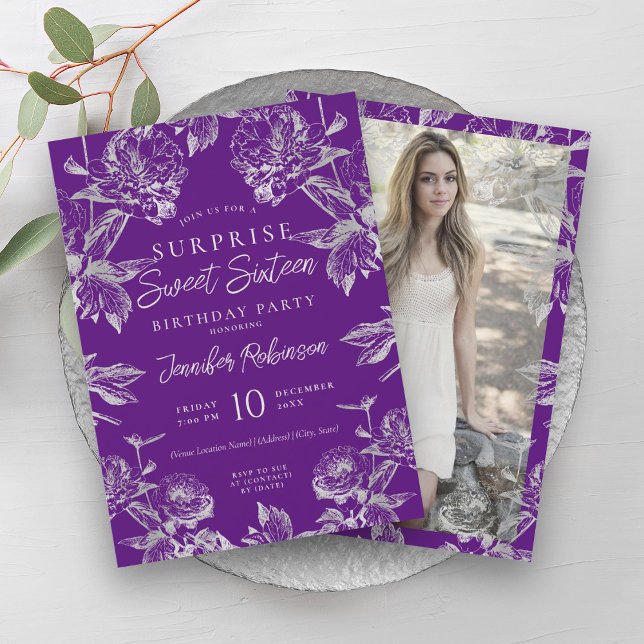 Lila Foto aus Silberblumen ÜBERRASCHEN Süß 16 Einladung (Purple Silver Floral Photo SURPRISE Sweet 16 Invitation)