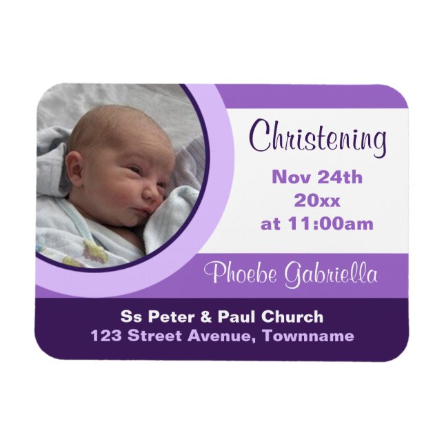 Lila Foto Christening/Taufe Einladung Magnet (Horizontal)