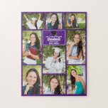 Lila Foto Collage Abschluss Geschenk für Hochschul<br><div class="desc">Dieses moderne lila Collage Puzzle für Senioren-Fotos bietet Ihnen Ihre Lieblings-Fotografien von 9 Studierenden. Dieses Abschluss-Design zeigt klassische weiße Typografie Ihres High School- oder Uni-Namens für die Klasse von 2025. Passen Sie dieses Sake-Geschenk mit Ihrem geschlossen Jahr unter der schwarzen Graduierenkappe an. Es verfügt über 2 horizontale Bilder, 5 vertikale...</div>