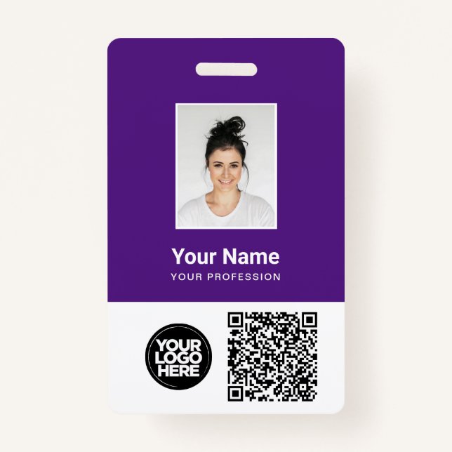 Lila Foto für Mitarbeiter, QR und Bar-Code, Logo,  Ausweis (Vorderseite)