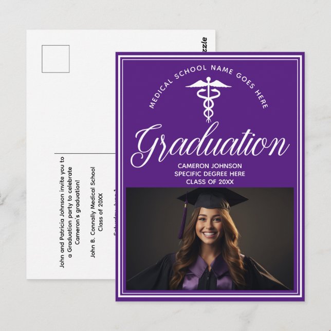 Lila Foto-Graduationspartei der Weißen Medizin Postkarte (Vorne/Hinten)