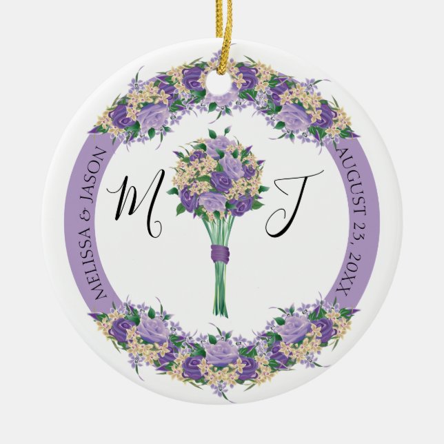Lila Foto Hochzeitsdatum speichern Datum Monogramm Keramik Ornament (Vorne)