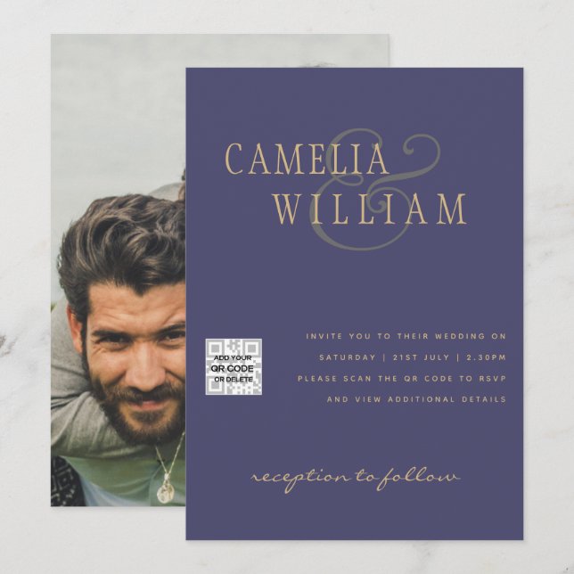 Lila Foto Hochzeitsstichtag QR-Code Rett Einladung (Vorne/Hinten)