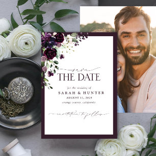 Lila Foto mit Blumenschrift speichern das Datum Save The Date