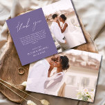 Lila Foto mit elegantem Skript Hochzeit Dankeschön Dankeskarte<br><div class="desc">Mit diesem eleganten Script-Foto Wedding Dankeschön Card Ihre herzliche Dankbarkeit in zeitlosem Stil zum Ausdruck bringen. Mit raffinierter Kalligraphie, einem kompletten Foto-Layout und minimalistischen Designelementen ist diese Karte der perfekte Weg, um Ihren Gästen zu danken, während Sie einen angenehmen Augenblick von Ihrem großen Tag aus zeigen. Ideal für moderne, romantische...</div>