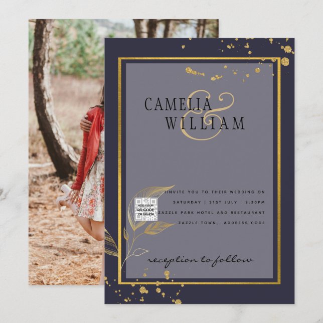 Lila FOTO-WEDING-QR-Code Rett Einladung (Vorne/Hinten)