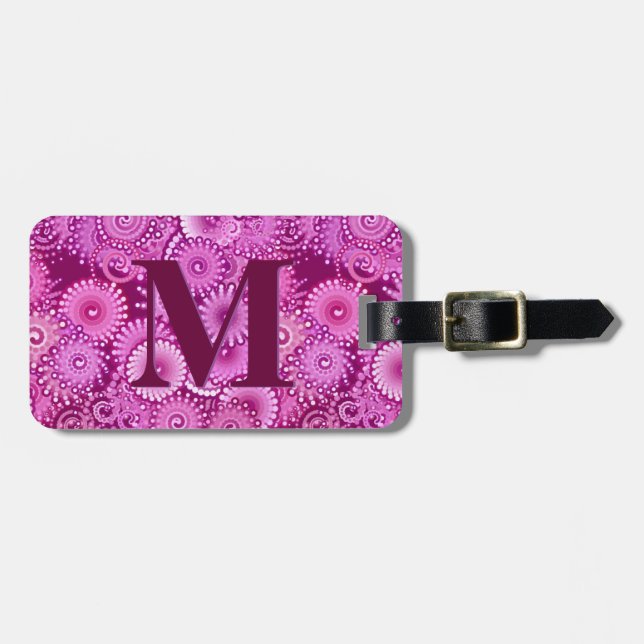 lila Fraktal-Drehmuster, mit Monogramm Gepäckanhänger (Vorderseite horizontal)