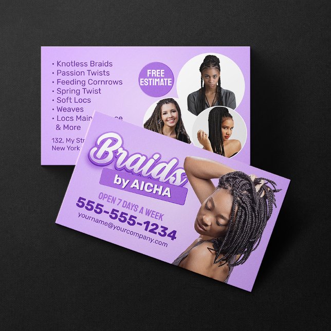 Lila Friseur-Salon Braider Afrikanische Braids Visitenkarte (Von Creator hochgeladen)